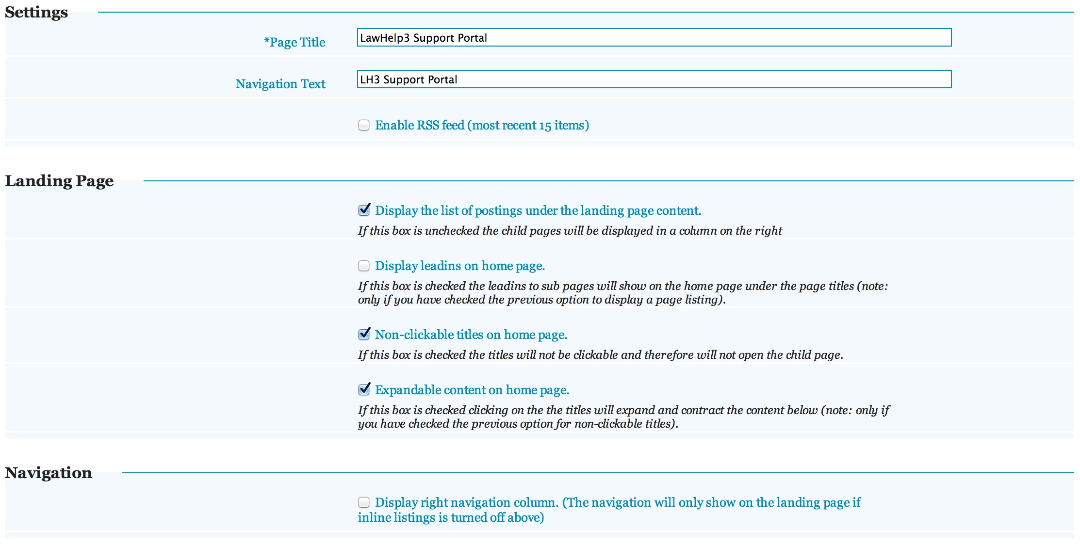 Example Child Page Settings